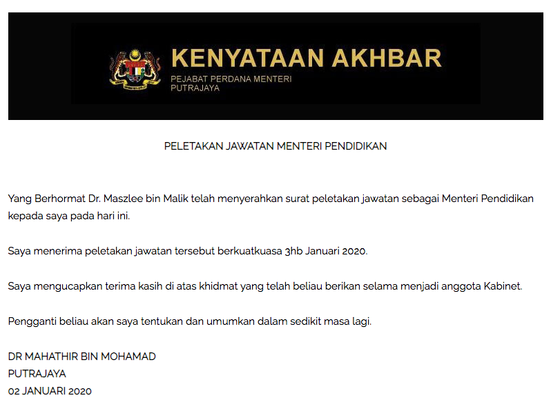 Tun M Bakal Umumkan Pengganti Dr Maszlee Dalam Tempoh Terdekat