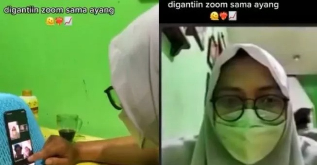 seorang lelaki sanggup berpakaian seperti perempuan untuk mengganti teman wanitanya yang dikatakan tidak dapat hadir ke pertemuan yang dijalankan secara dalam talian