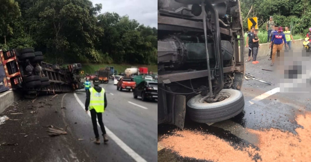 Treler Terbabas & Langgar Konkrit Penghadang Jalan
