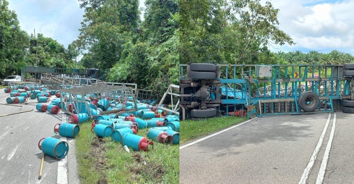 Treler Bawa Lebih 500 Tong Gas Terbalik