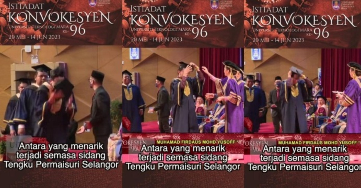 graduan cuak terlucut mortar board di hadapan permaisuri