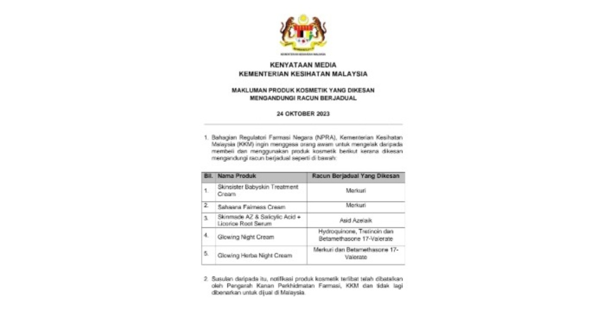 kkm lima kosmetik racun berjadual