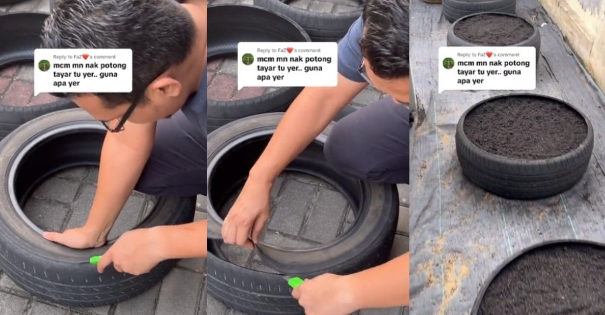 cara potong tayar terpakai