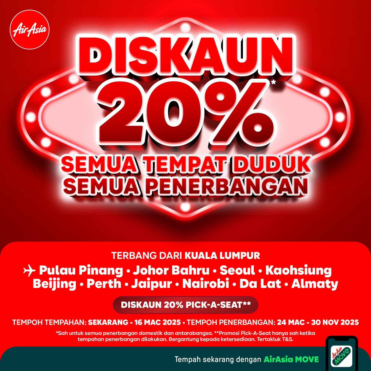 AirAsia Tawar Diskaun 20% bagi Semua Tempat Duduk Dalam Semua Penerbangan