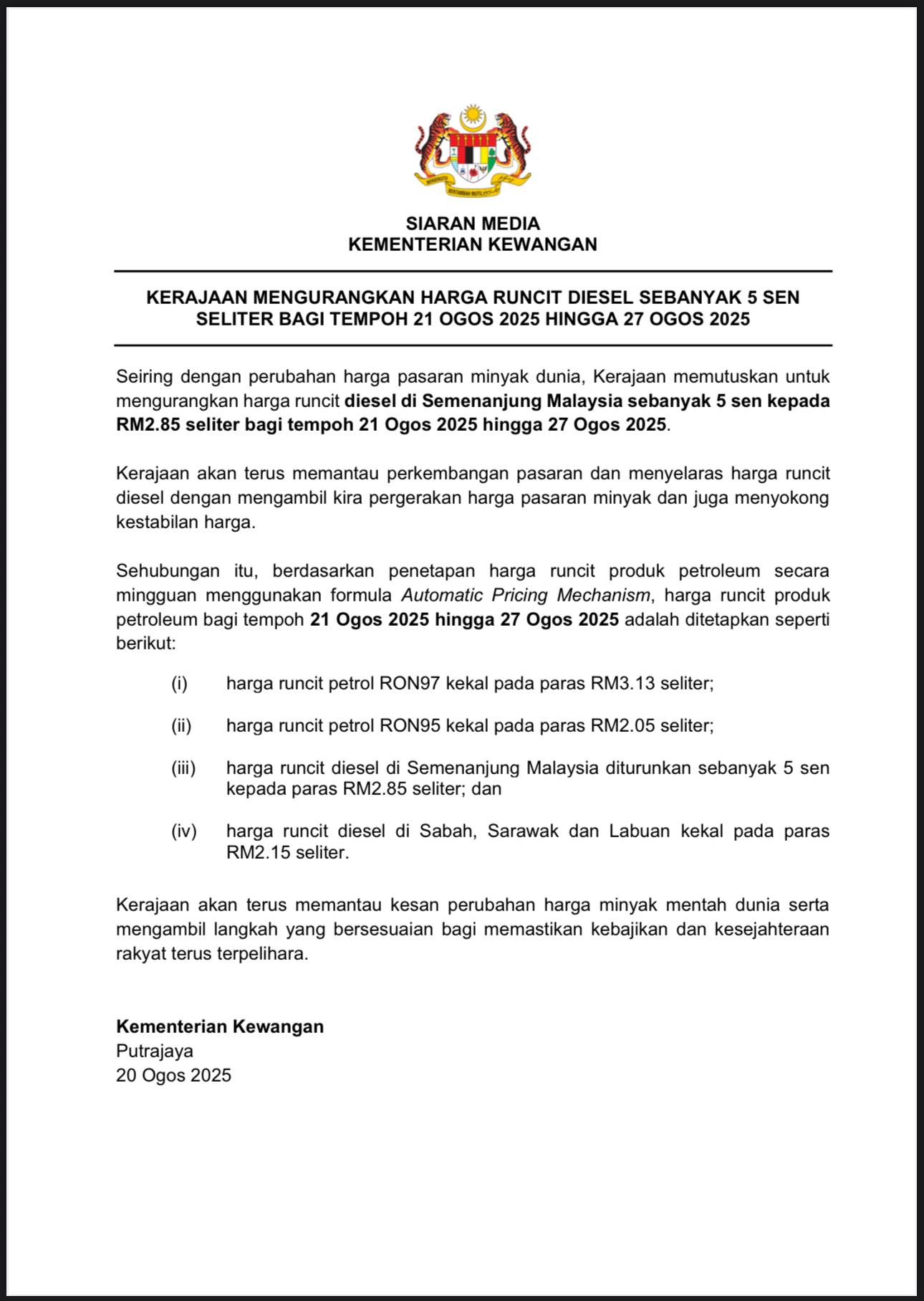 harga diesel turun
