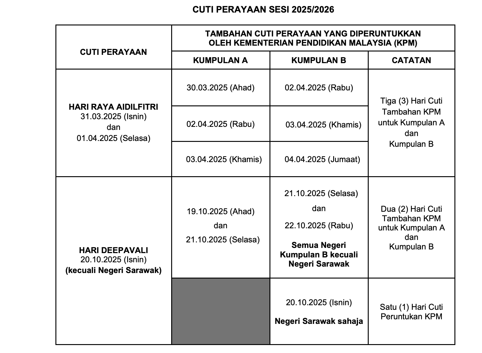 Deepavali Extra Holiday